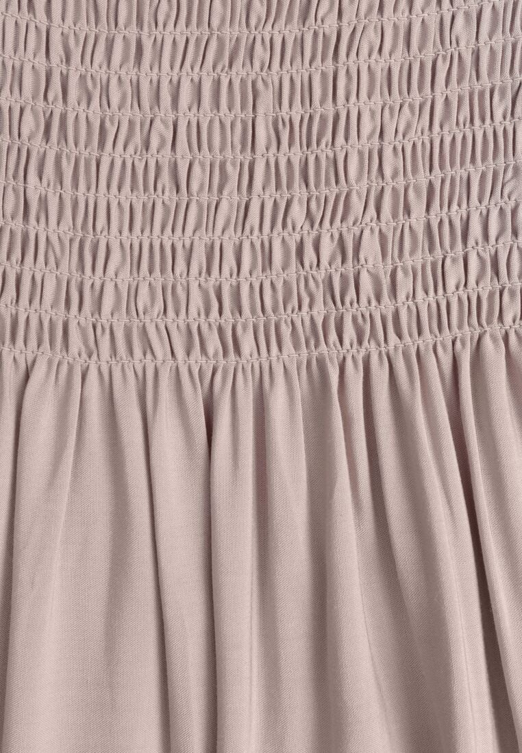 Jasnobeżowa Bawełniana Sukienka z Hiszpańskim Dekoltem z Szerokimi Falbanami na Dole Bliria 8