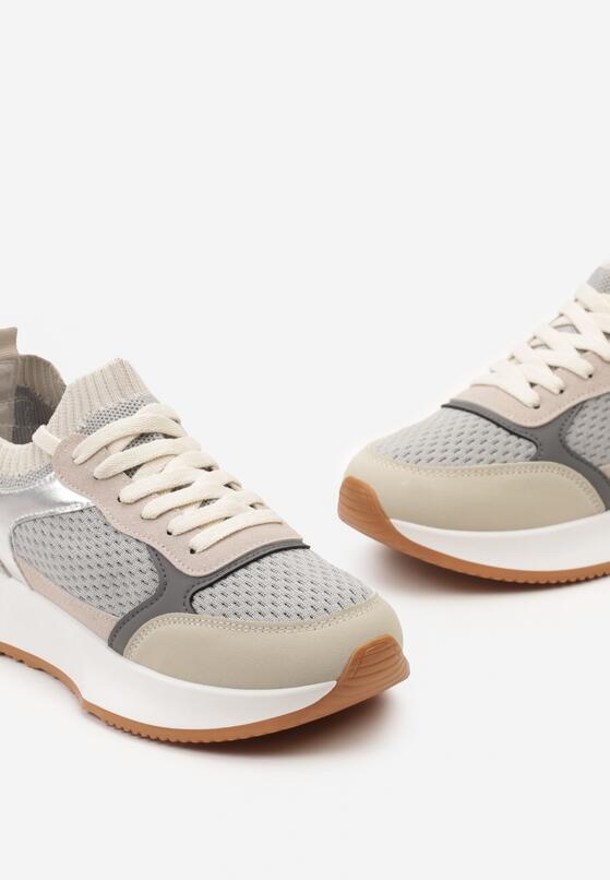 Szaro-Beżowe Wsuwane Sneakersy na Grubej Podeszwie ze Sznurowaniem i Perforacją Orasila 6