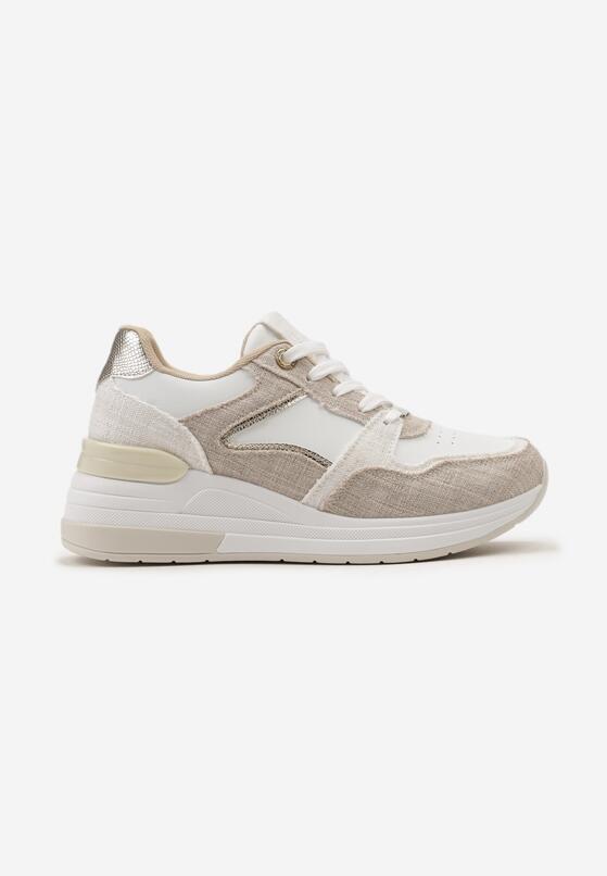 Beżowo-Białe Sneakersy z Materiałowymi Wstawkami i Niskim Koturnem Zireael 4