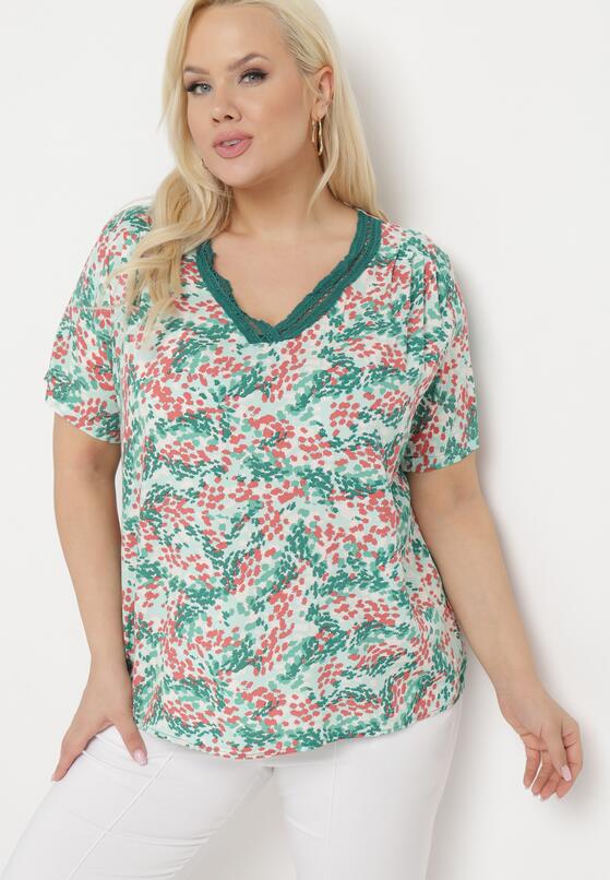 Zielono-Różowa  Wiskozowa Bluzka z Krótkim Rękawem i Dekoltem Typu V-Neck Natloza 2