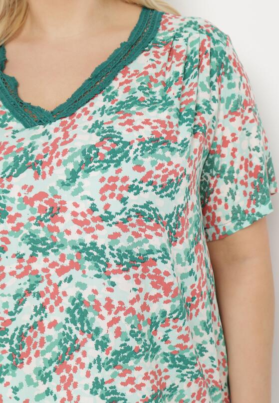 Zielono-Różowa  Wiskozowa Bluzka z Krótkim Rękawem i Dekoltem Typu V-Neck Natloza 5