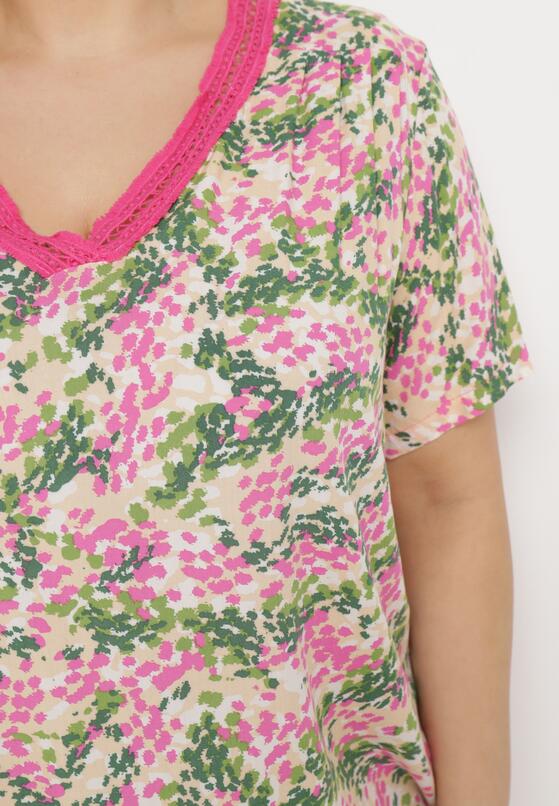 Różowo-Zielona  Wiskozowa Bluzka z Krótkim Rękawem i Dekoltem Typu V-Neck Natloza 5