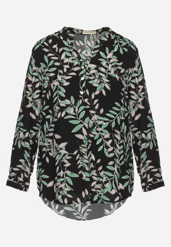 Czarna Bluzka z Wiskozy z Długim Rękawem i Dłuższym Tyłem Zapinana na Guziki Pizzicata 6