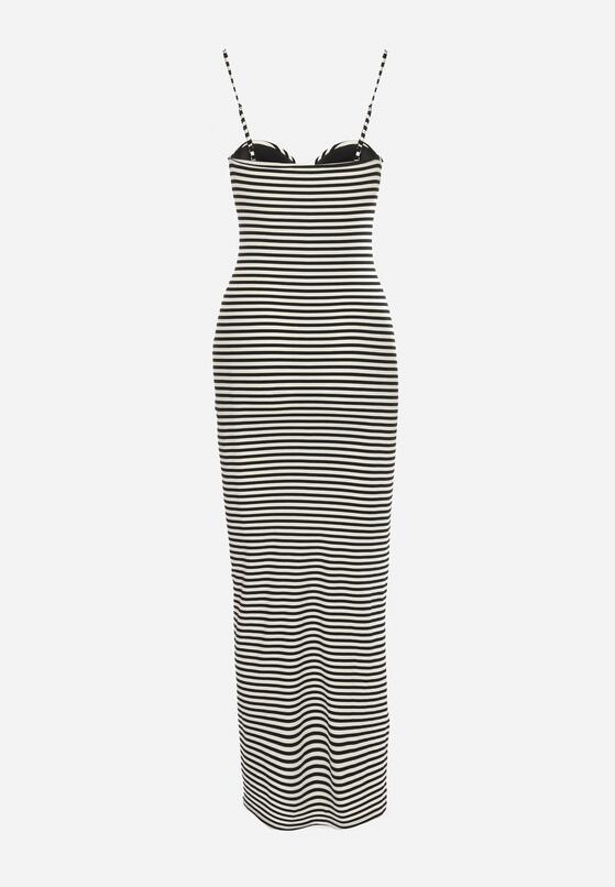 Czarno-Biała Sukienka Bodycon z Serduszkowym Dekoltem w Paski Ilalilena 7