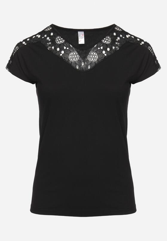 Czarny T-shirt z Krótkim Rękawem i Ozdobną Koronką Winneli 6
