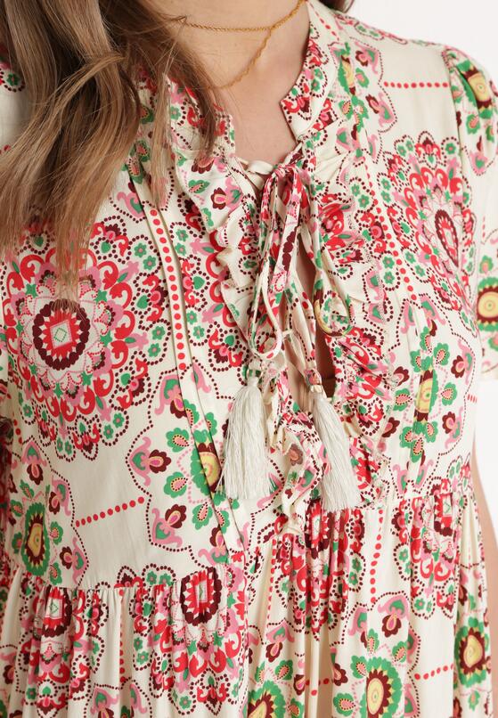 Czerwona Sukienka Boho z Wiskozy o Rozkloszowanym Fasonie Wiadena 5