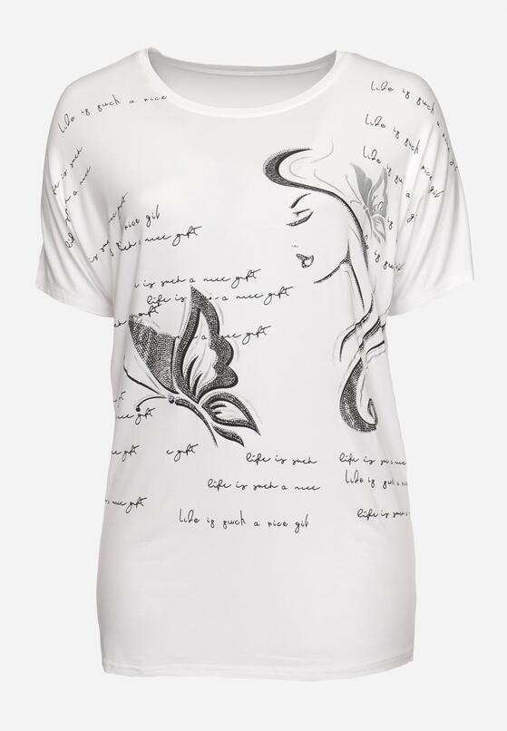 Biały T-shirt Ozdobiony Cyrkoniami i Nadrukiem Wallilena 6