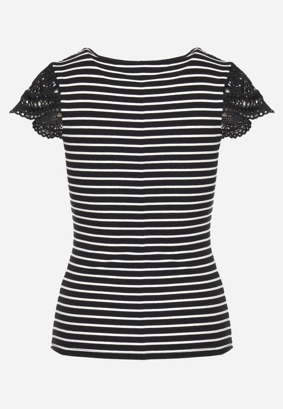 Czarny Bawełniany T-shirt z Prążkowanego Materiału z Koronkowym Dekoltem i Rękawkami Hyacintia 7