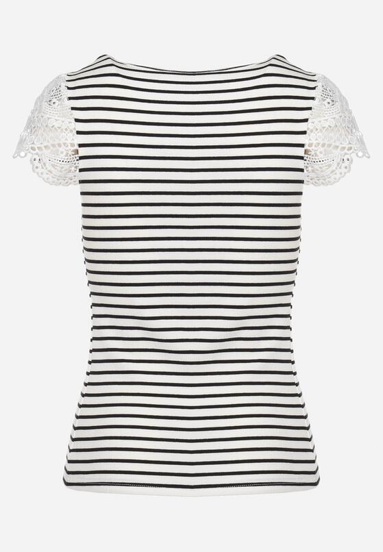 Biały Bawełniany T-shirt z Prążkowanego Materiału z Koronkowym Dekoltem i Rękawkami Hyacintia 7