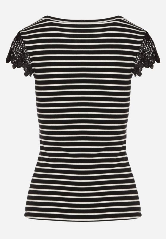 Czarny Bawełniany T-shirt w Paski z Koronkowymi Wstawkami Idamarie 7