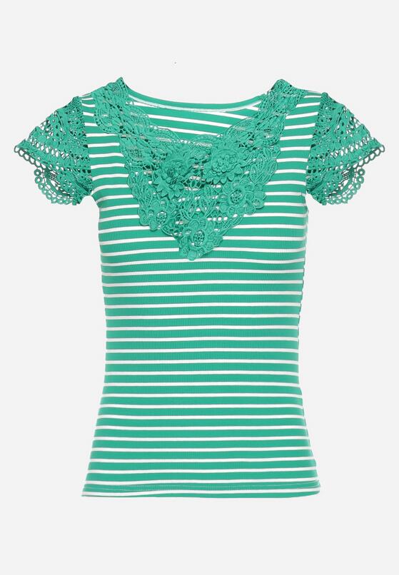 Zielony Bawełniany T-shirt w Paski z Koronkowymi Wstawkami Idamarie 6
