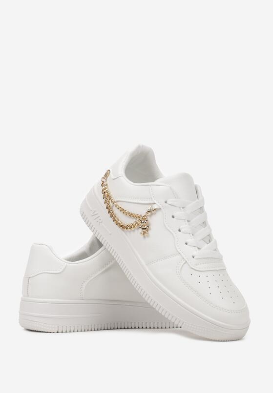 Białe Sznurowane Sneakersy z Przeszyciami Ozdobione Odpinanym Łańcuszkiem Minesta