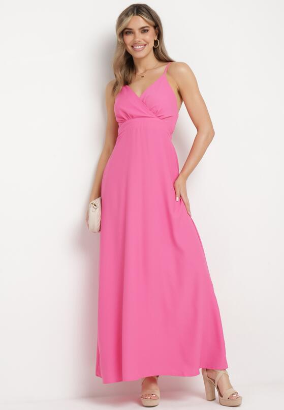 Różowa Sukienka z Kopertowym Dekoltem na Cienkich Ramiączkach Piamena 2