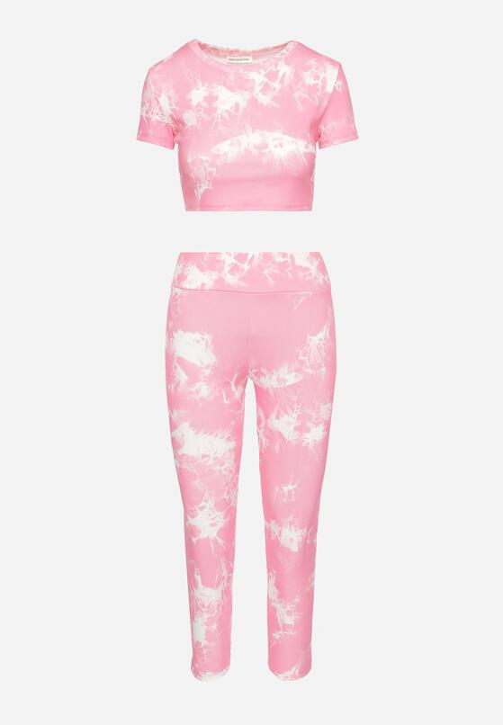 Różowy Komplet Sportowy z Wzorem Tie-Dye Top z Krótkimi Rękawami i Leggisy Larvena 6