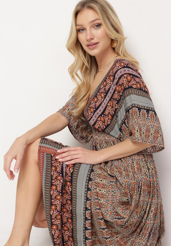 Brązowa Boho Sukienka z Szerokimi Rękawami z Gumką w Pasie i Wiązaniem na Plecach Piomina 4