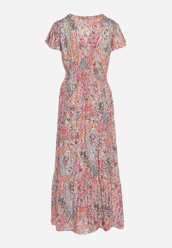 Różowo-Niebieska Sukienka z Metalicznym Nadrukiem Gumką w Pasie i Kopertowym Dekoltem Vinara 7