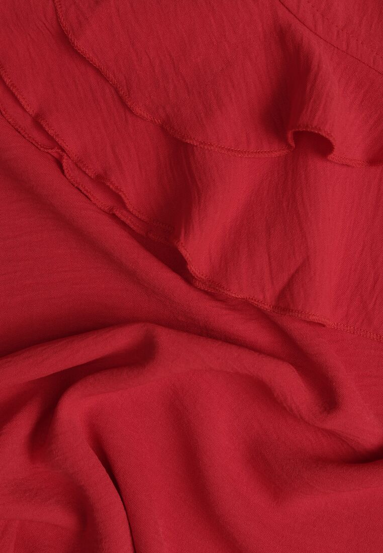 Czerwona Trapezowa Sukienka z Krótkim Rękawem z Falbankami Wiązana Cienkim Paskiem Rissalia 8