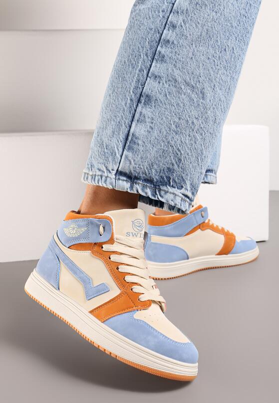 Beżowo-Niebieskie Płaskie Sneakersy za Kostkę z Ozdobnymi Przeszyciami Moonwera 2