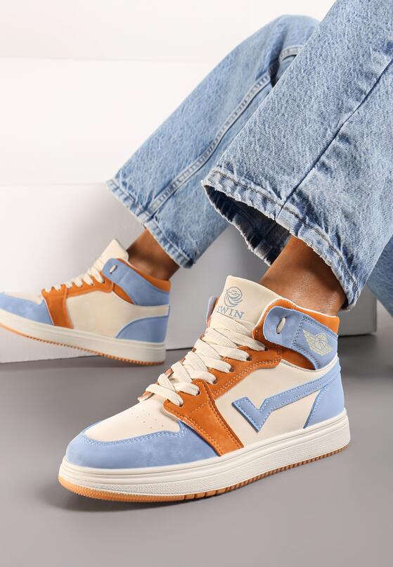 Beżowo-Niebieskie Płaskie Sneakersy za Kostkę z Ozdobnymi Przeszyciami Moonwera 1