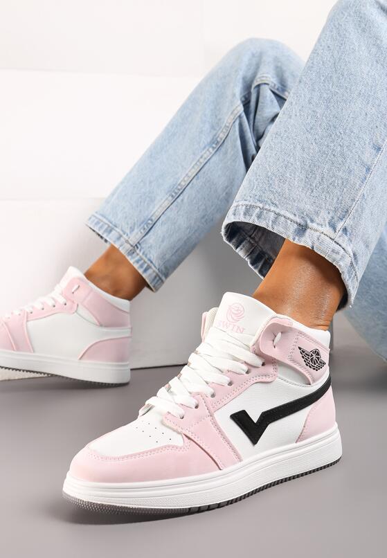 Biało-Różowe Płaskie Sneakersy za Kostkę z Ozdobnymi Przeszyciami Moonwera 1