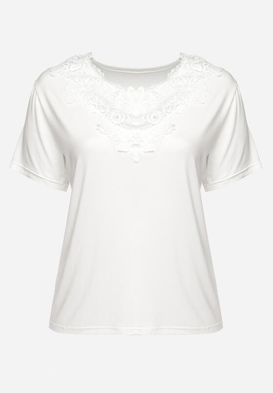 Biały Klasyczny T-shirt z Koronką przy Dekolcie Fioma 6