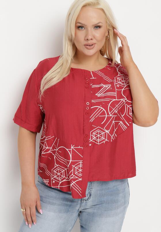 Bordowa Bawełniana Bluzka T-shirt z Krótkim Rękawem z Nadrukiem i Guzikami Fiomara 4
