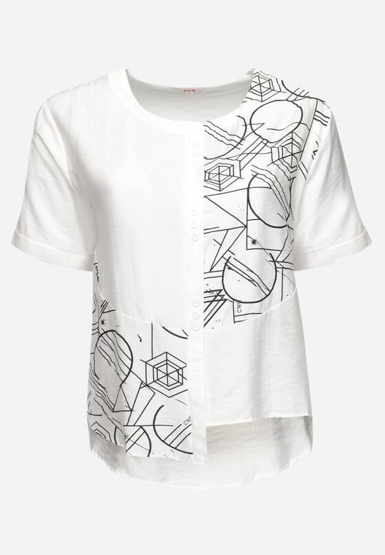 Biała Bawełniana Bluzka T-shirt z Krótkim Rękawem z Nadrukiem i Guzikami Fiomara 6