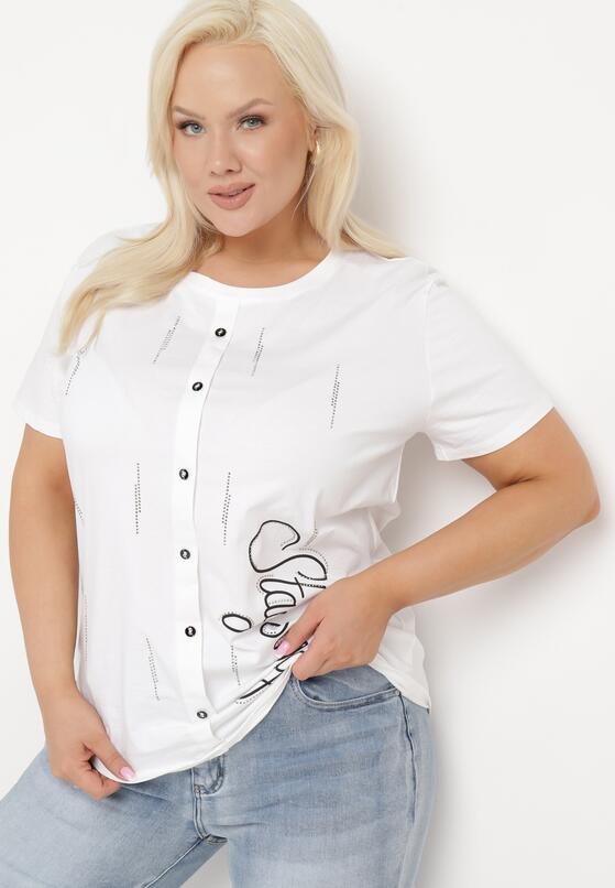 Biały Bawełniany T-shirt z Krótkim Rękawem z Przodu Ozdobiony Guzikami i Cyrkoniami Silliana 2