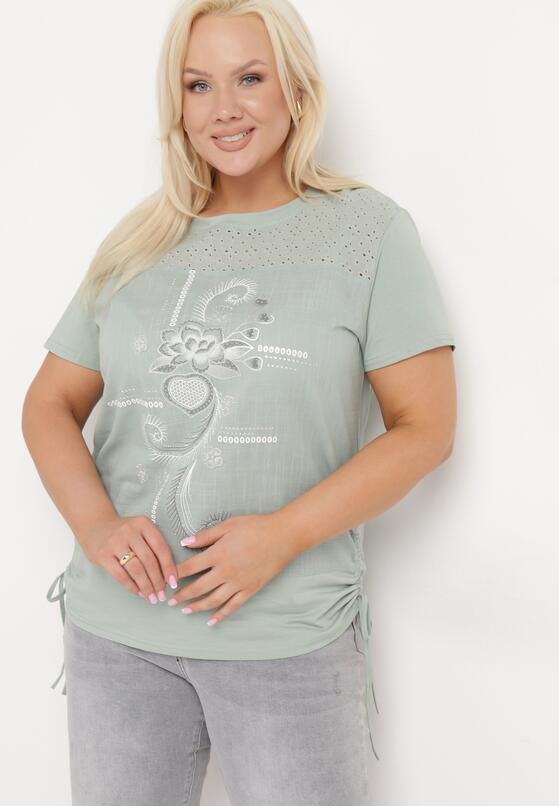 Miętowy T-shirt z Bawełny Ozdobiony Cyrkoniami i Ściągaczami po Bokach Forena 4