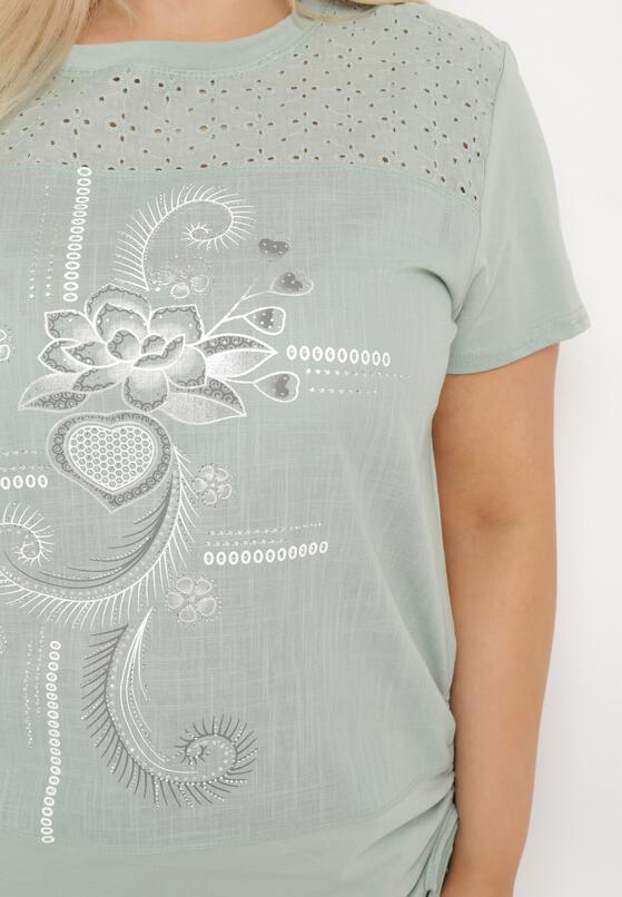 Miętowy T-shirt z Bawełny Ozdobiony Cyrkoniami i Ściągaczami po Bokach Forena 5
