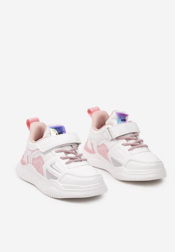 Biało-Różowe Buty Sportowe Sneakersy na Płaskiej Podeszwie na Rzep i ze Sznurowaniem z Ozdobnymi Wstawkami Fraestia 2