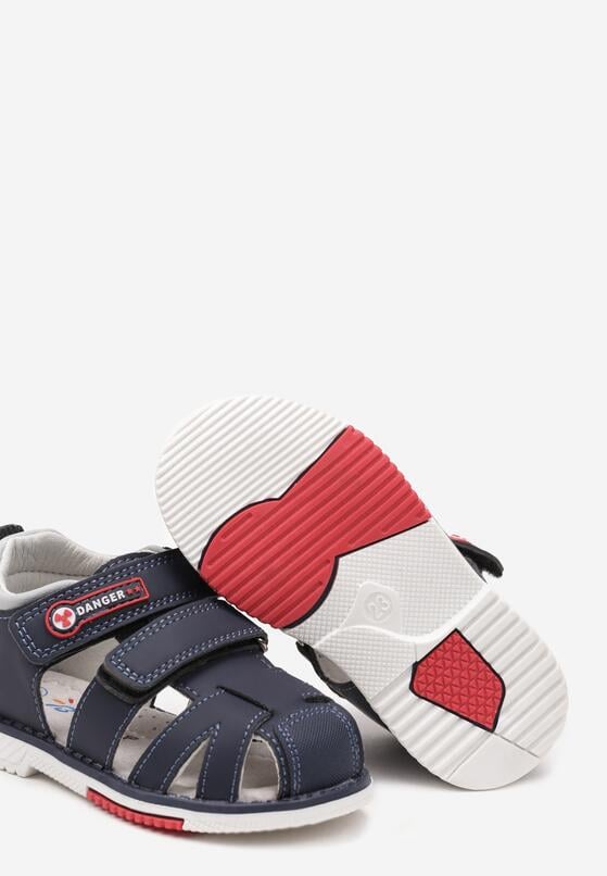 Czarno-Niebieskie Płaskie Klasyczne Sandały na Rzep z Wycięciami i Skórzaną Wkładką Jaestia 3