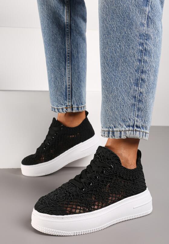 Czarne Sneakersy na Grubej Podeszwie z Ażurową Cholewką przed Kostkę Harae 2