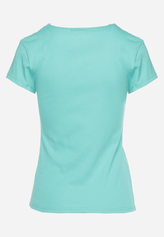 Jasnozielony Bawełniany T-shirt Koszulka z Krótkim Rękawem z Koronką przy Rękawach i Dekolcie Fiadella 7