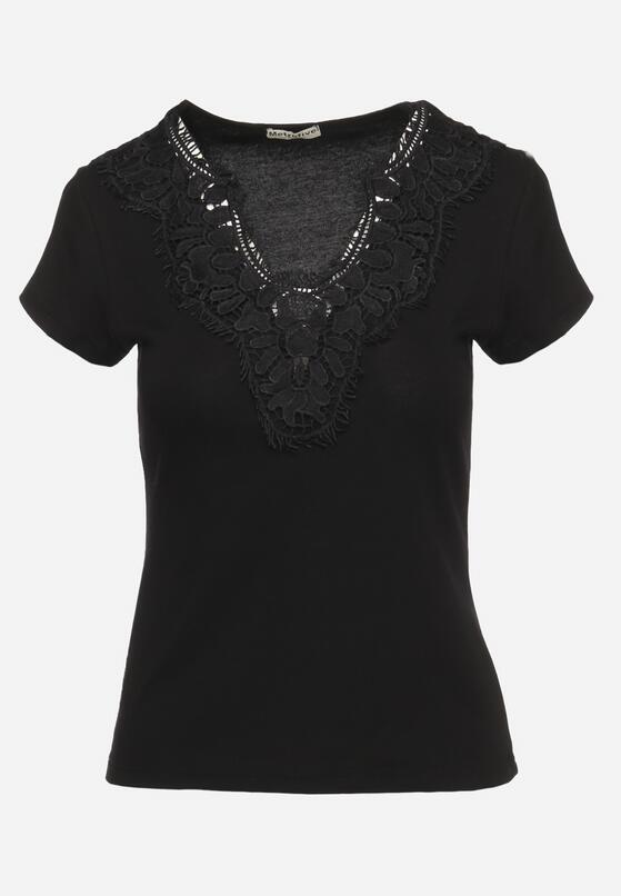 Czarny Bawełniany T-shirt Koszulka z Krótkim Rękawem z Koronką przy Rękawach i Dekolcie Fiadella 6