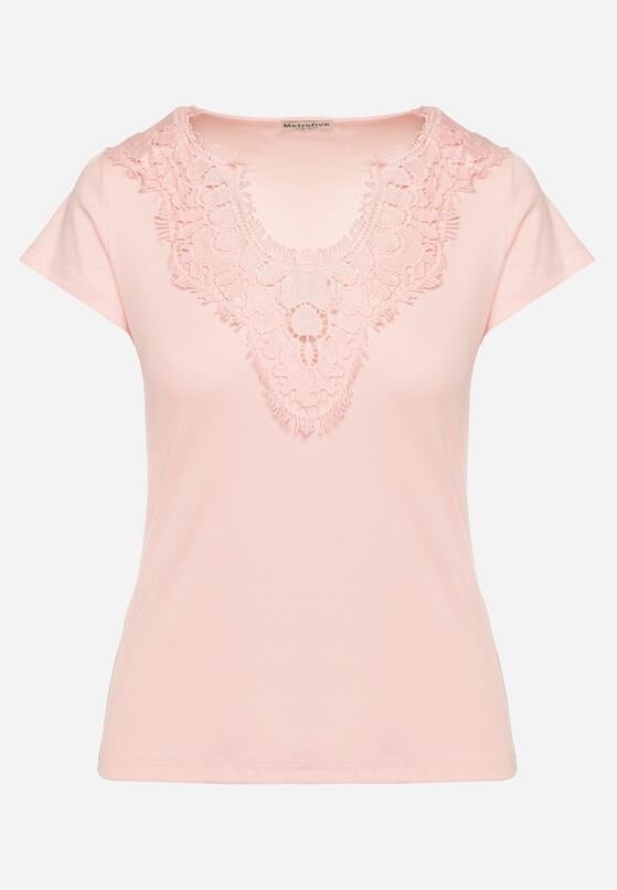 Jasnoróżowy Bawełniany T-shirt Koszulka z Krótkim Rękawem z Koronką przy Rękawach i Dekolcie Fiadella 6
