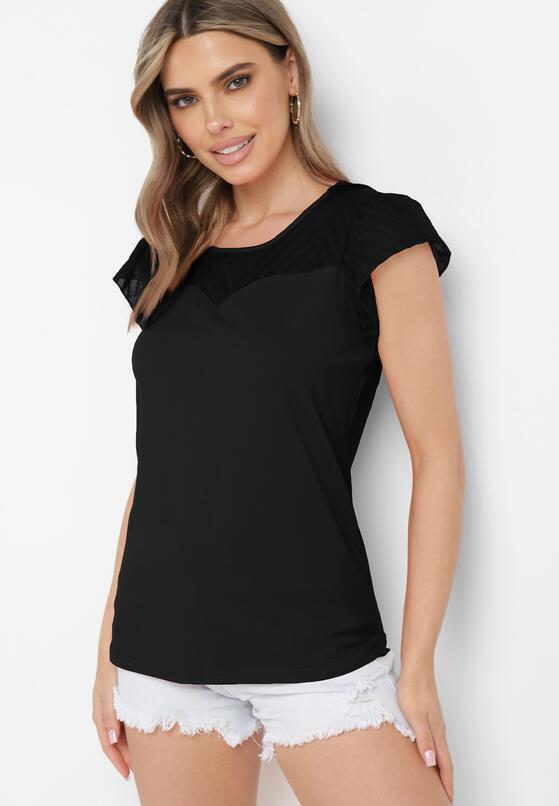 Czarny Bawełniany T-shirt Bluzka z Przezroczystymi Rękawami i Dekoltem Lavinara 1
