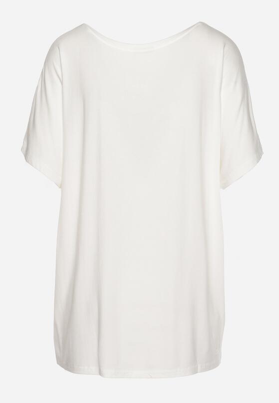 Biały Wiskozowy T-shirt Koszulka z Rękawami Typu Nietoperz z Ozdobnym Napisem Comalita 7