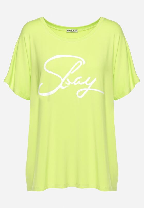 Jasnozielony Wiskozowy T-shirt Koszulka z Rękawami Typu Nietoperz z Ozdobnym Napisem Comalita 6