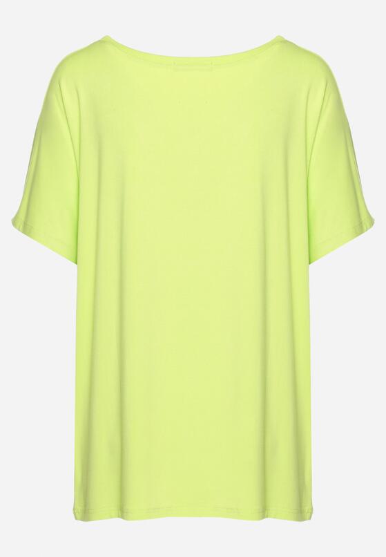 Jasnozielony Wiskozowy T-shirt Koszulka z Rękawami Typu Nietoperz z Ozdobnym Napisem Comalita 7