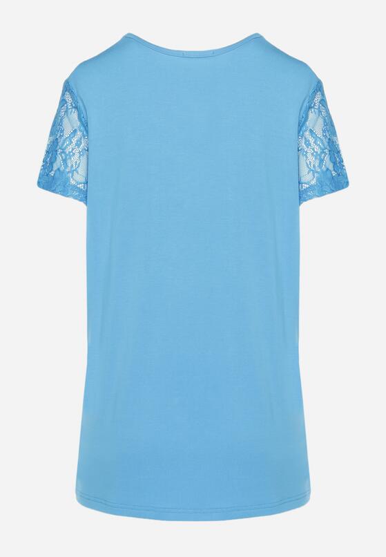 Niebieska Koszulka T-shirt z Wiskozy z Krótkim Rękawem i Koronką Relliara 7