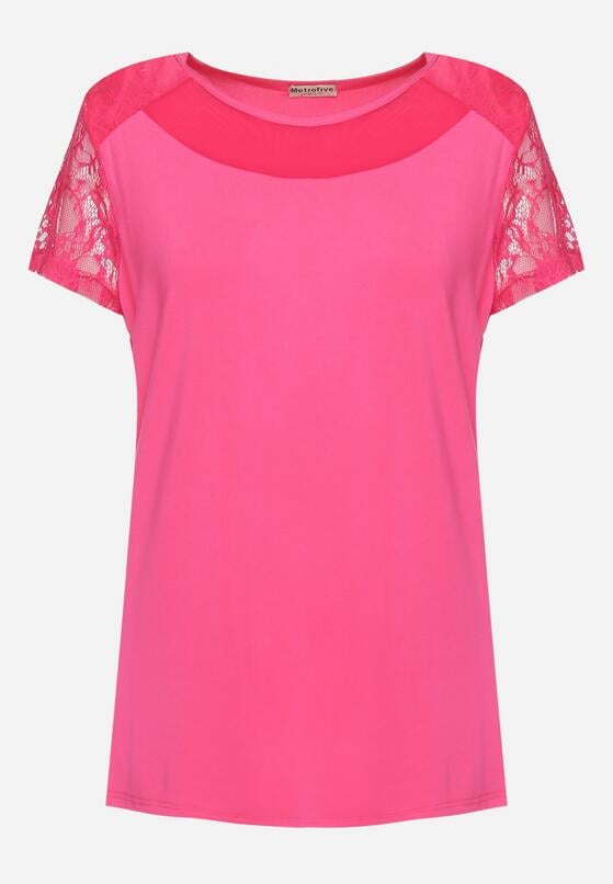 Różowa Koszulka T-shirt z Wiskozy z Krótkim Rękawem i Koronką Relliara 6