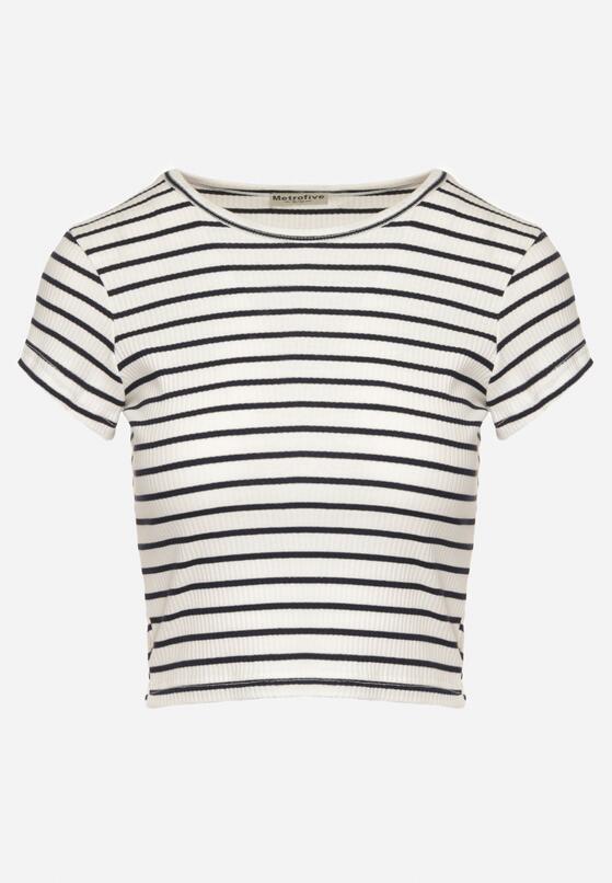 Biało-Czarny Bawełniany T-shirt Prążkowany o Krótkim Kroju Quedara 6