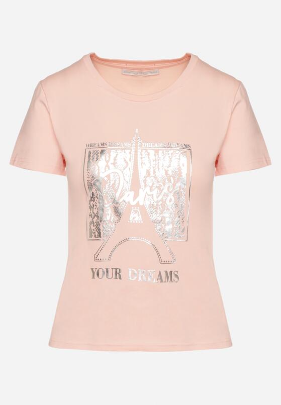 Jasnoróżowy Bawełniany Klasyczny T-shirt Ozdobiony z Przodu Metalicznym Nadrukiem Timazela 6