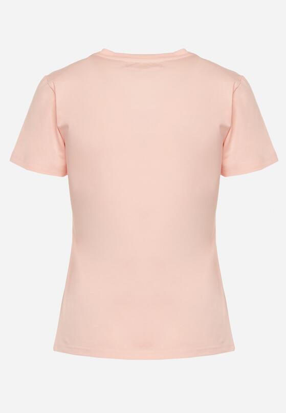 Jasnoróżowy Bawełniany Klasyczny T-shirt Ozdobiony z Przodu Metalicznym Nadrukiem Timazela 7