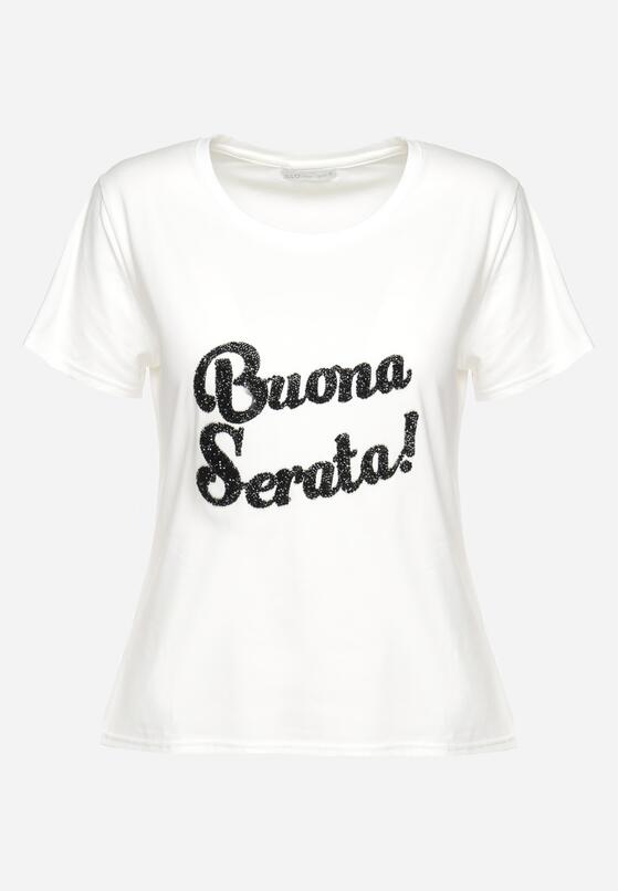 Biały Bawełniany T-shirt z Ozdobnym Napisem z Cyrkonii Tiavalia 6