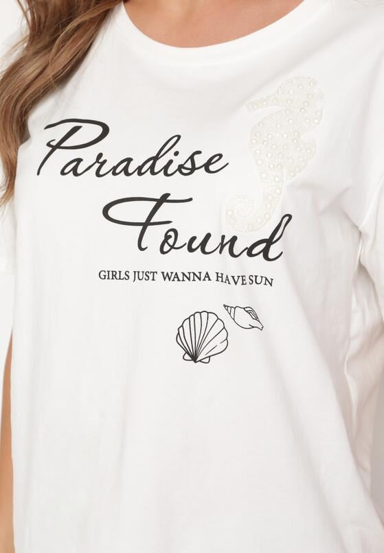 Biały Klasyczny Bawełniany T-shirt z Krótkim Rękawem z Nadrukiem Ozdobiony Perełkami Tiavenna 5