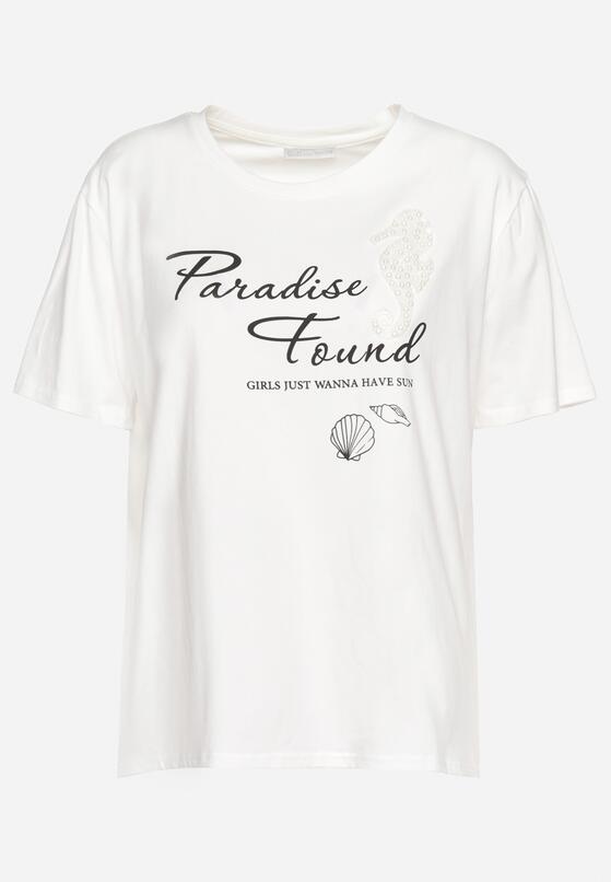 Biały Klasyczny Bawełniany T-shirt z Krótkim Rękawem z Nadrukiem Ozdobiony Perełkami Tiavenna 6