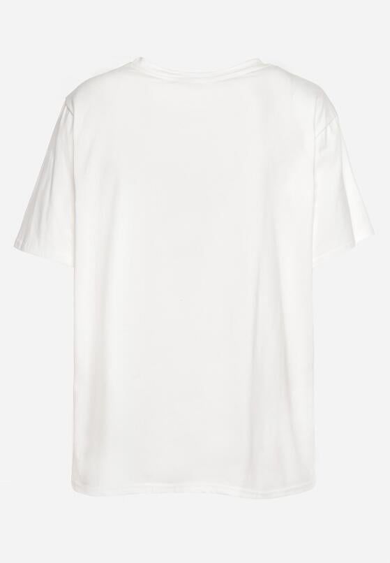 Biały Klasyczny Bawełniany T-shirt z Krótkim Rękawem z Nadrukiem Ozdobiony Perełkami Tiavenna 7