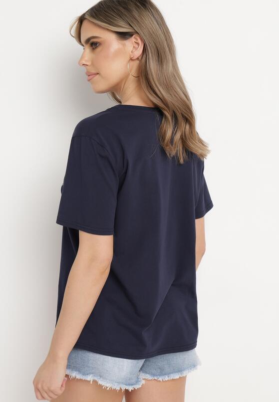 Granatowy Klasyczny Bawełniany T-shirt z Krótkim Rękawem z Nadrukiem Ozdobiony Perełkami Tiavenna 3
